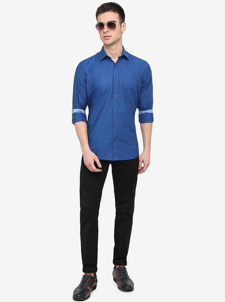 Deep Blue Solid Slim Fit Semi Casual Shirt | JadeBlue