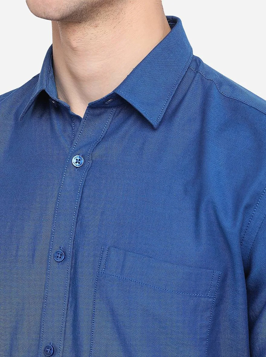 Deep Blue Solid Slim Fit Semi Casual Shirt | JadeBlue