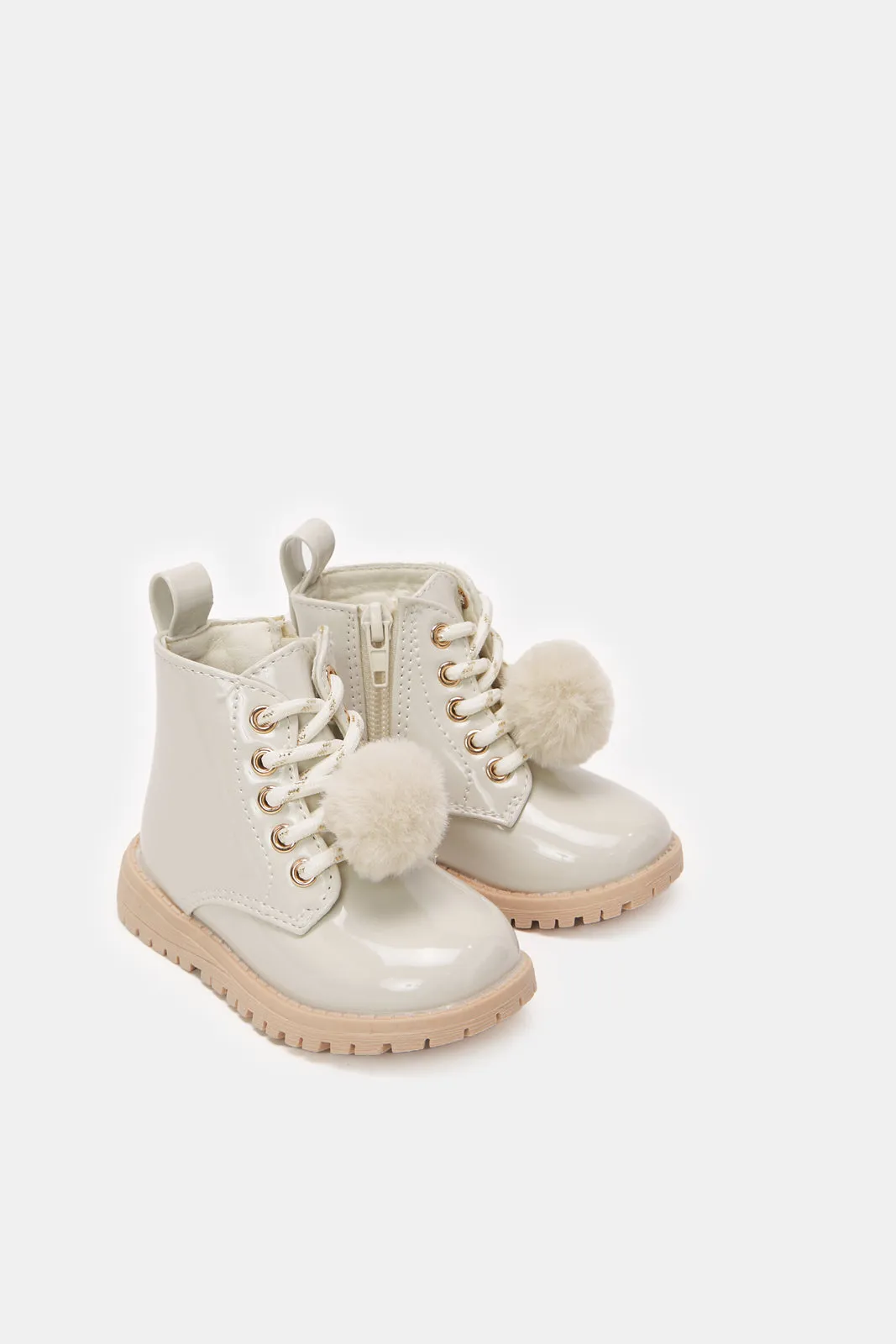 Girls Cream Pom Pom Details Ankle Boot