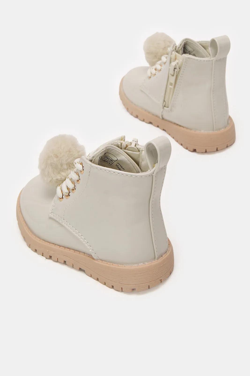 Girls Cream Pom Pom Details Ankle Boot