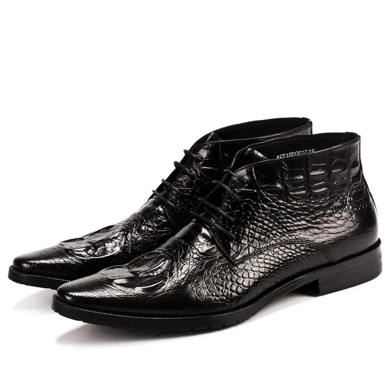 Glossy Croco Chic Lace Up Ankle Boots