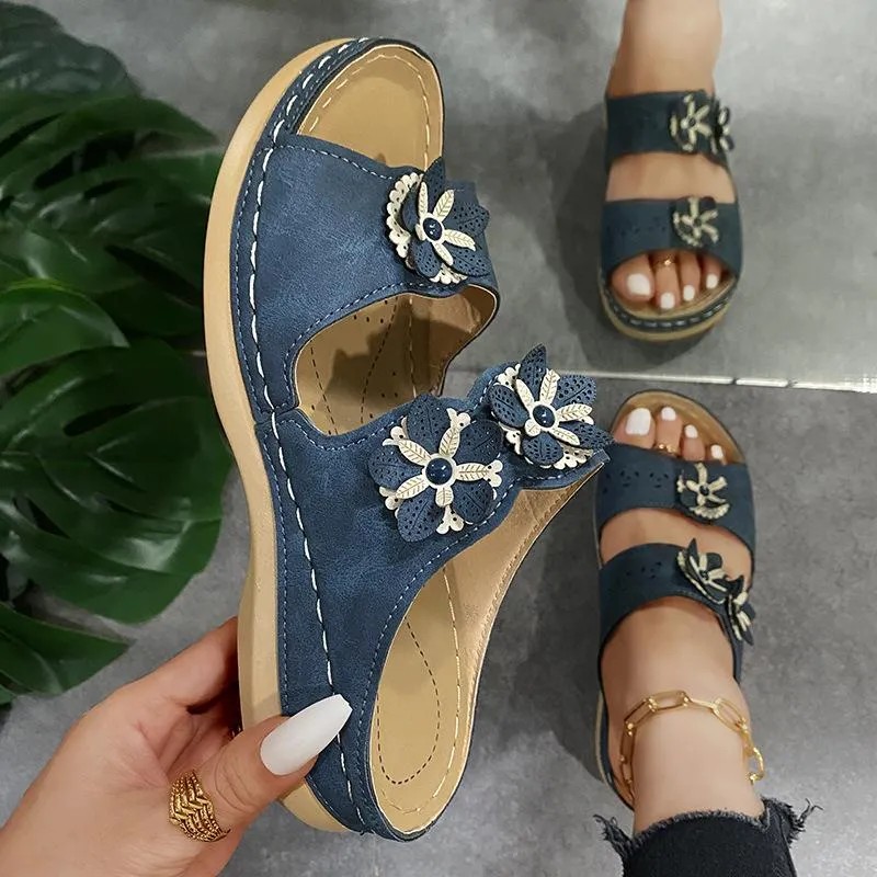 Handmade vintage flowers comfortable flat bottom sandals