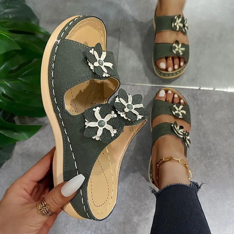 Handmade vintage flowers comfortable flat bottom sandals