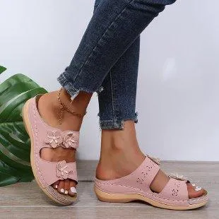 Handmade vintage flowers comfortable flat bottom sandals