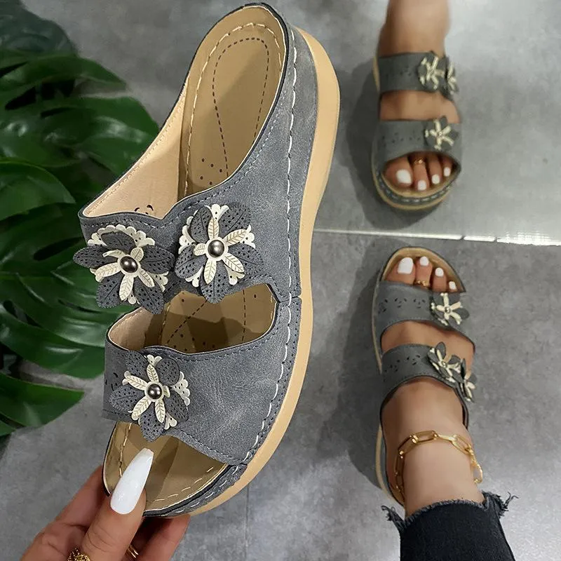 Handmade vintage flowers comfortable flat bottom sandals