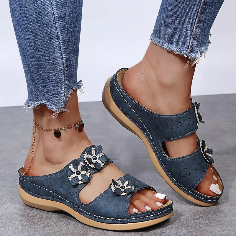 Handmade vintage flowers comfortable flat bottom sandals