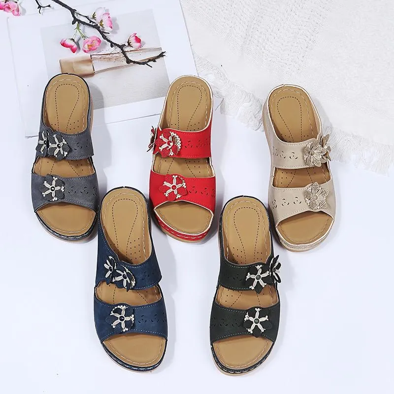 Handmade vintage flowers comfortable flat bottom sandals