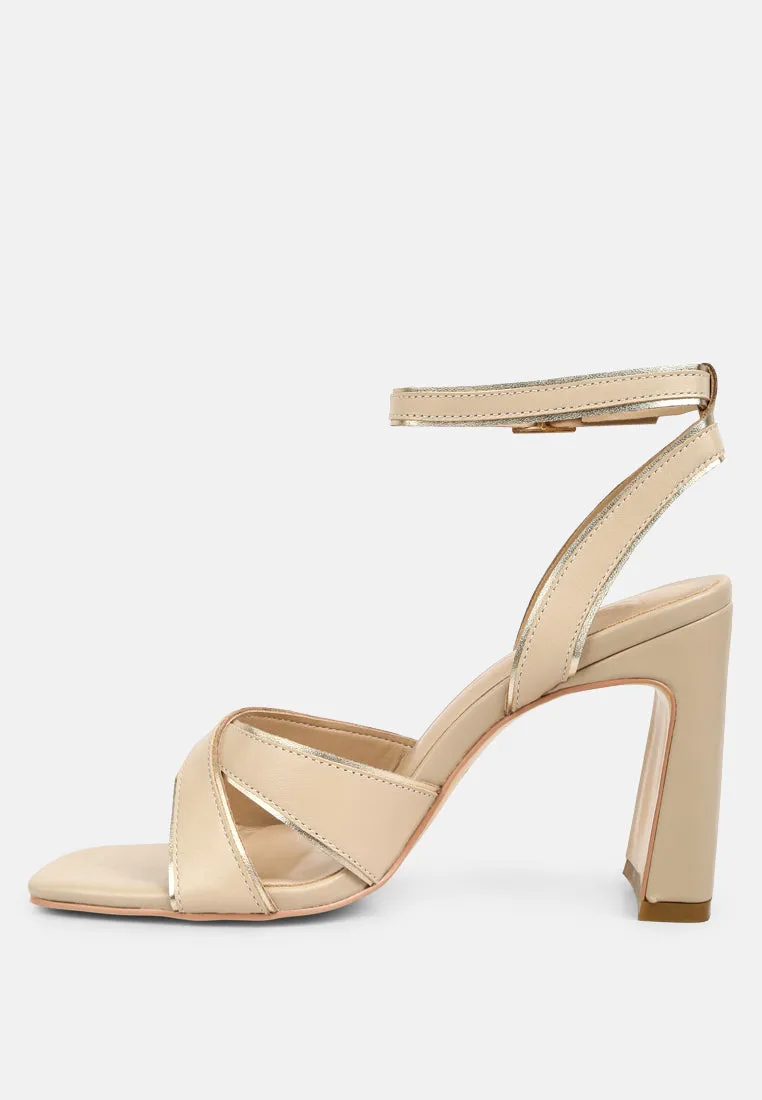 Heeri Beige Metallic Lined Slim Block Heel Sandals