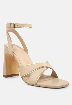 Heeri Beige Metallic Lined Slim Block Heel Sandals