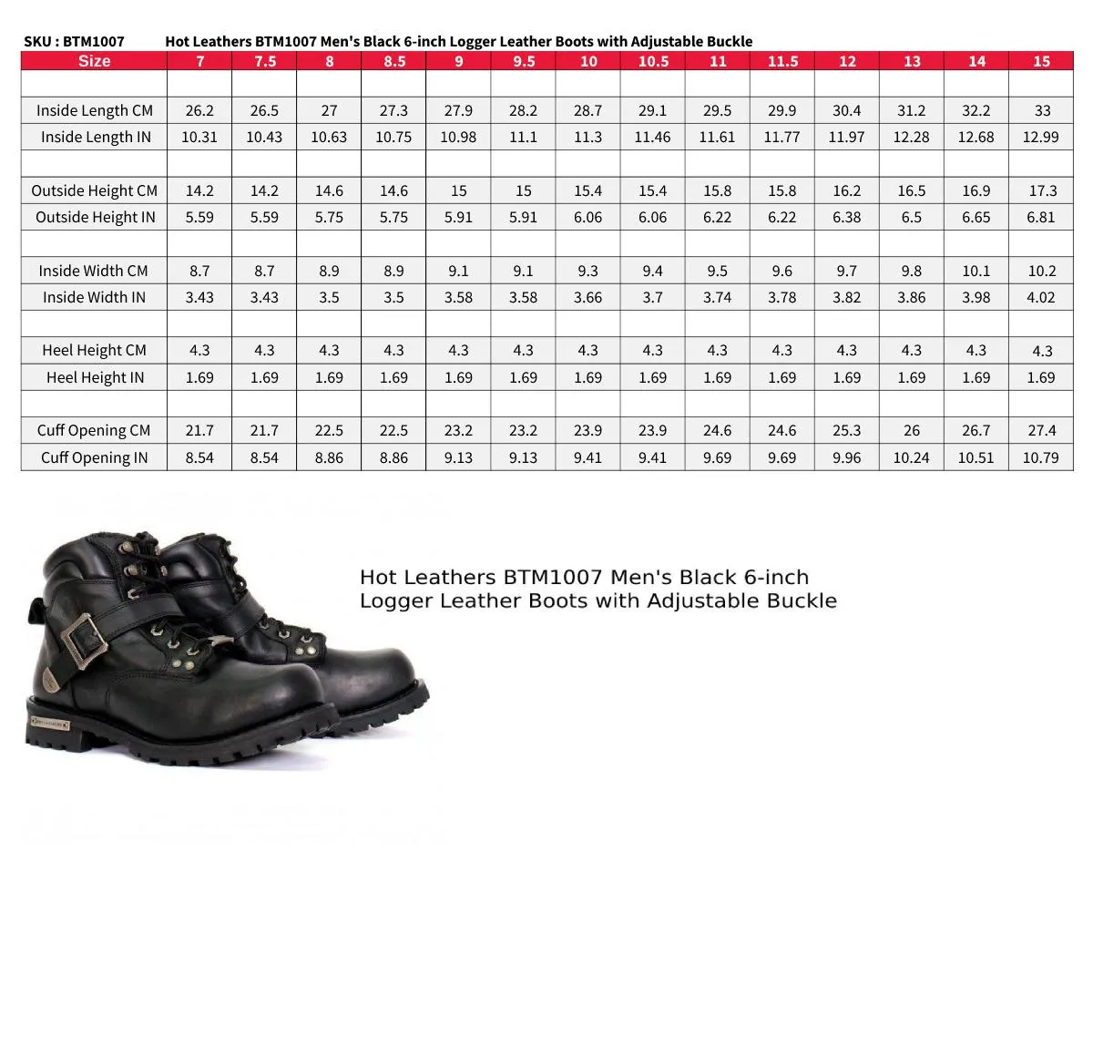 Hot Leathers BTM1007 Men's Black 6-inch Logger Leather Boots with Adjustable Buckle