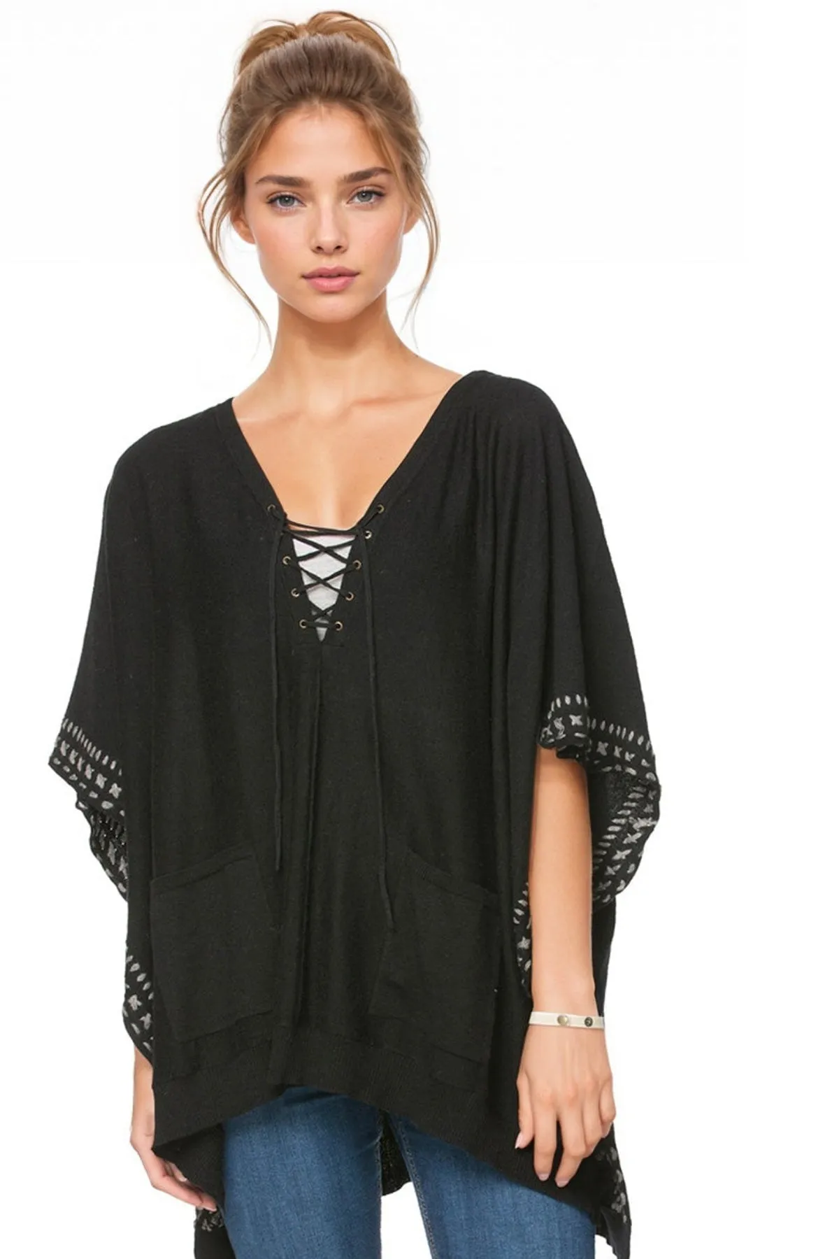 Lace Up Zen Blend Poncho in Black