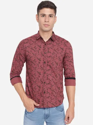 Oxblood Red Printed Slim Fit Semi Casual Shirt | Greenfibre