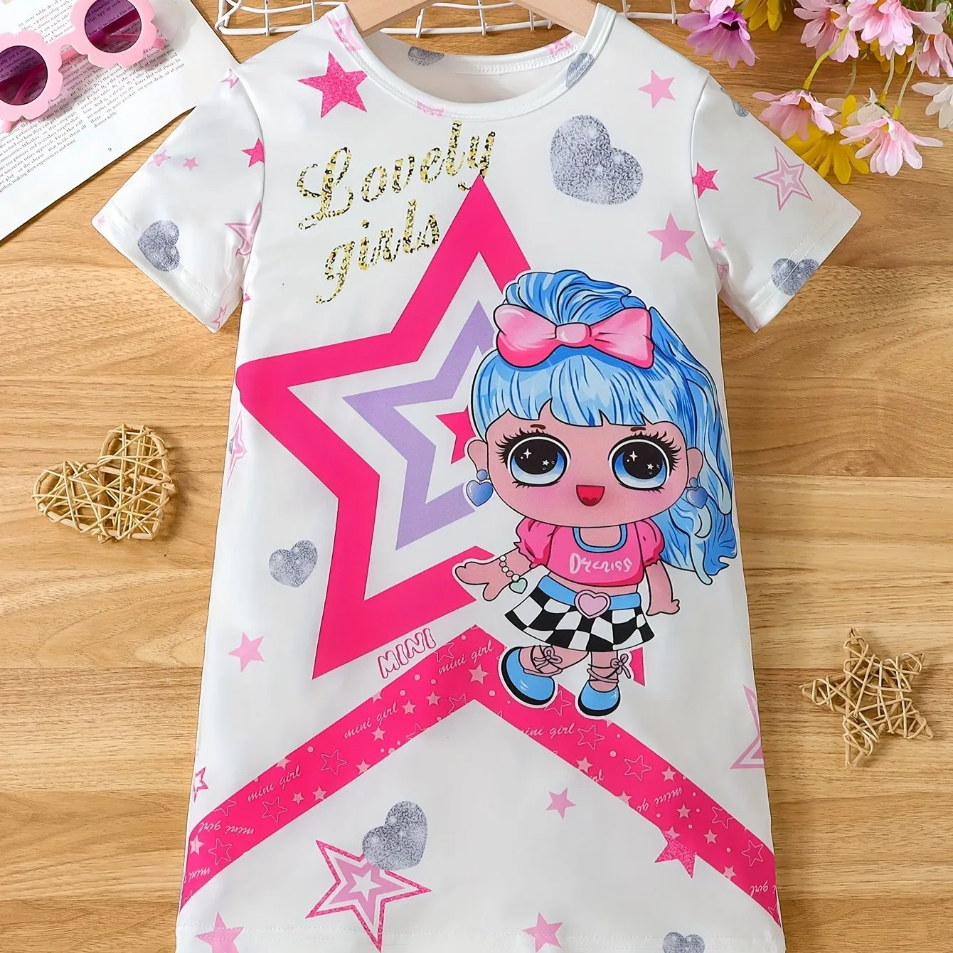 Summer-Ready Princess & Heart Graphic Dress for Girls | Casual Style, Comfort Fit & Easy Care