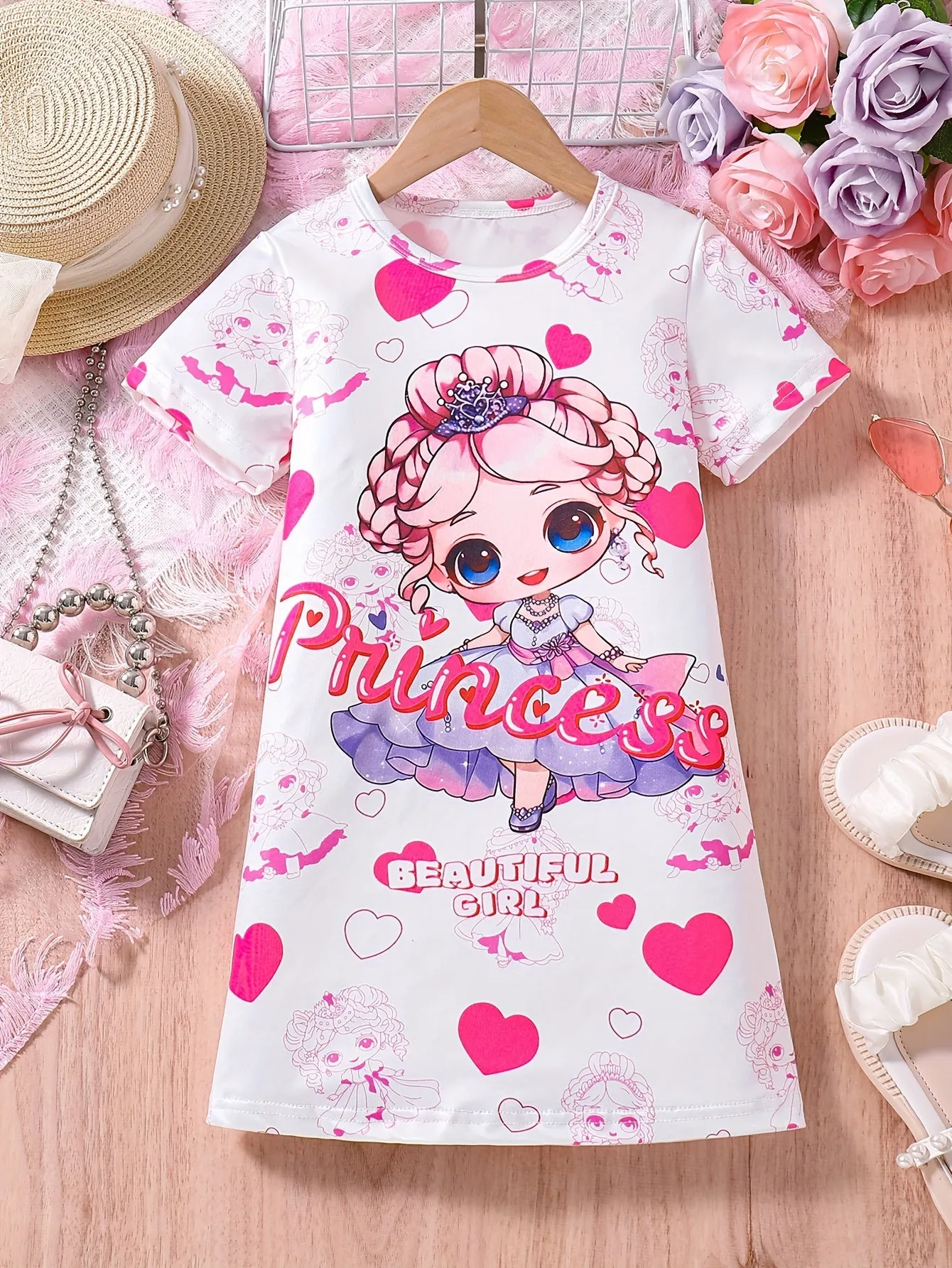 Summer-Ready Princess & Heart Graphic Dress for Girls | Casual Style, Comfort Fit & Easy Care