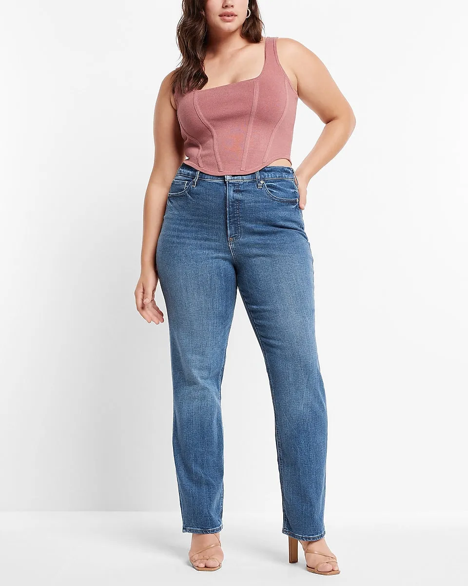 Super High Waisted Medium Wash Soft Straight Jeans in Medium Wash