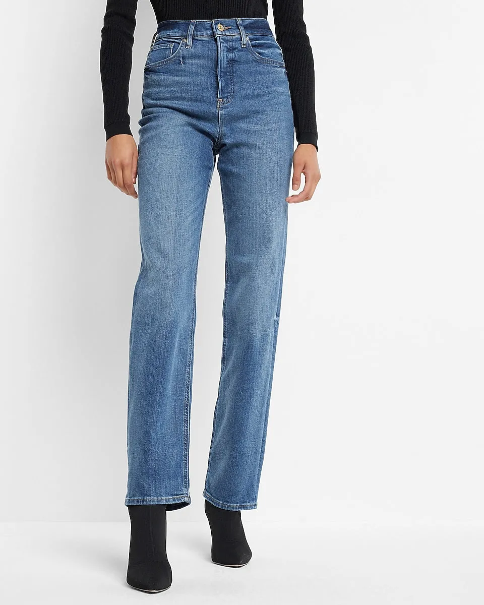 Super High Waisted Medium Wash Soft Straight Jeans in Medium Wash