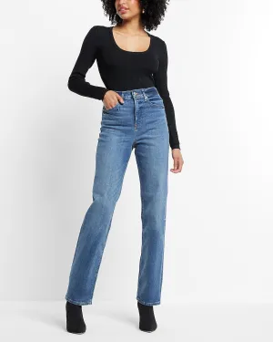 Super High Waisted Medium Wash Soft Straight Jeans in Medium Wash