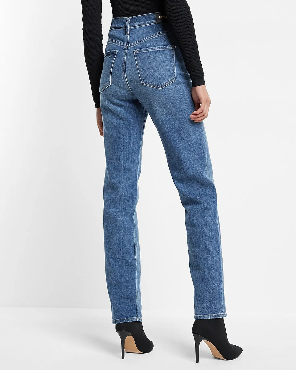 Super High Waisted Medium Wash Soft Straight Jeans in Medium Wash