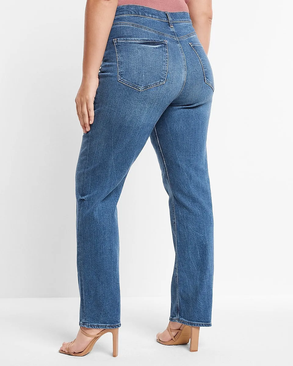 Super High Waisted Medium Wash Soft Straight Jeans in Medium Wash