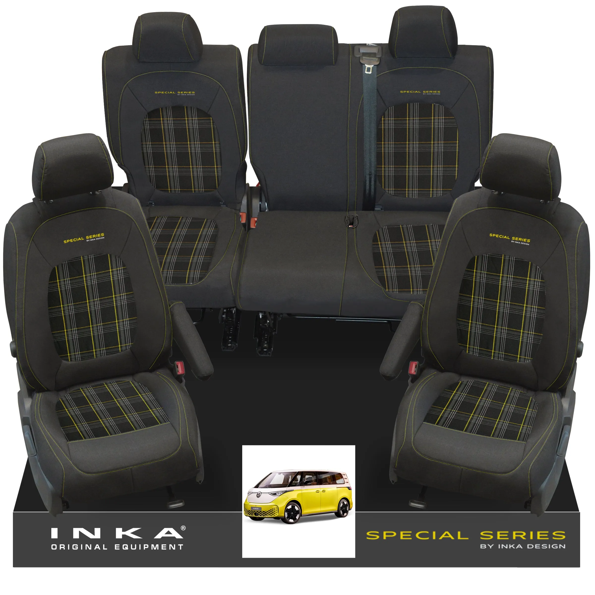 VW ID Buzz Life Style GTX Front & Rear Full Set Tailored Seat Covers, Second Skin Tartan With Special Series Embroidery MY22 onwards